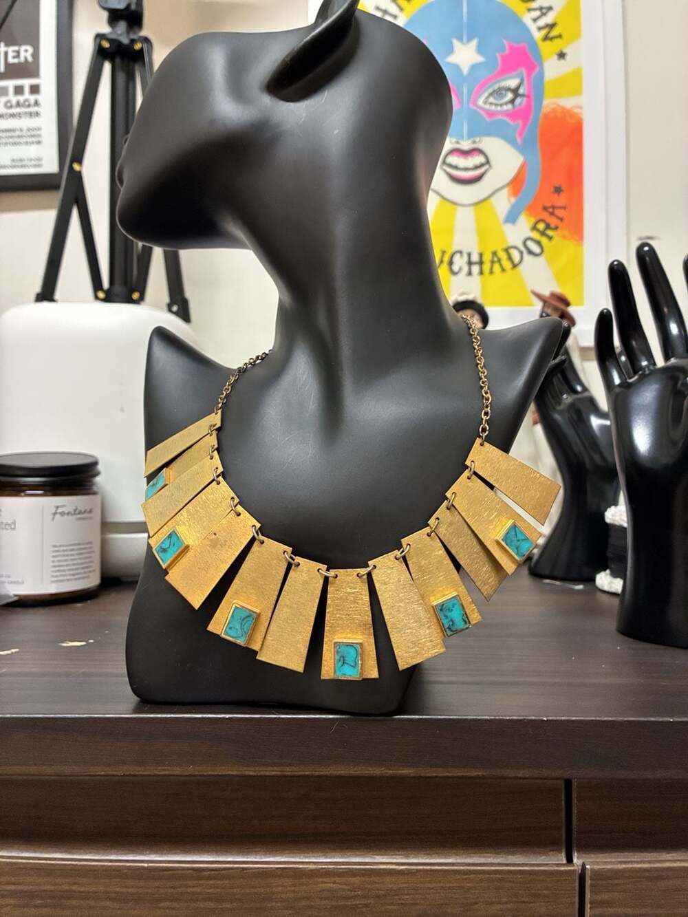 RARE! Vintage 1970s  Brutalist Modernist Gold Tone Faux Turquoise Bib Necklace